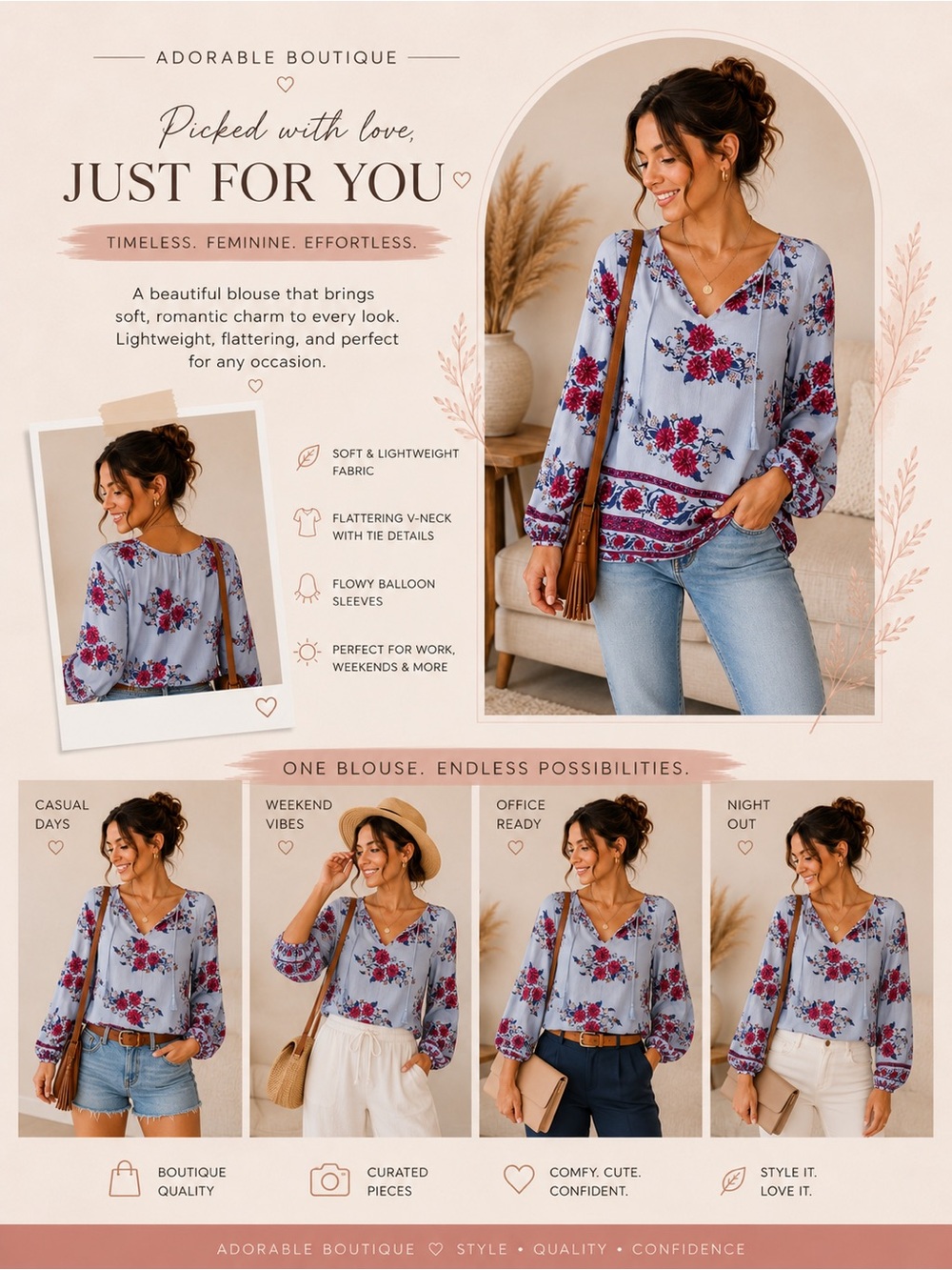 Shyanne Light Blue V-Neck Floral Boho Blouse with Pink Accents